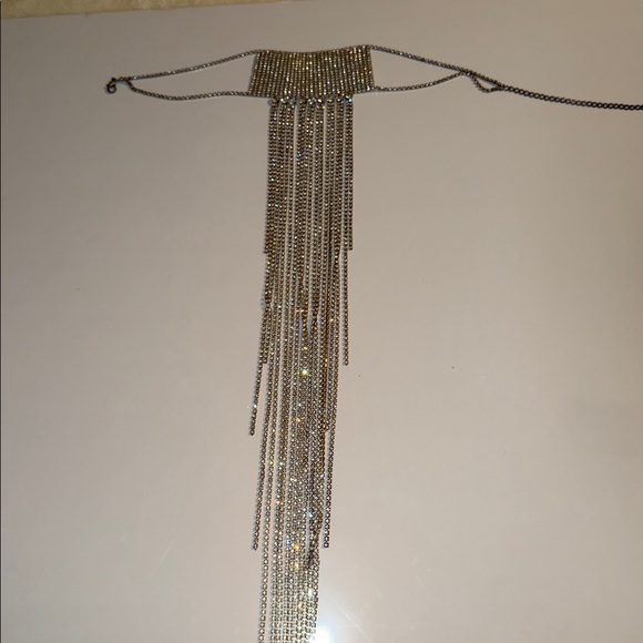 Jewelry - Silver Chain Fringe Necklace Chocker with Multiple Chains and Rhinestones. 23”